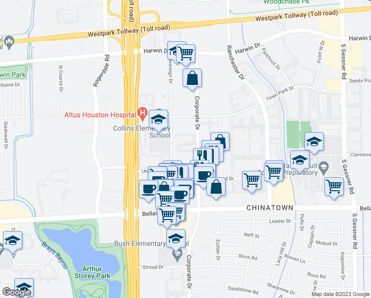 map of restaurants, bars, coffee shops, grocery stores, and more near 6300 Corporate Drive in Houston