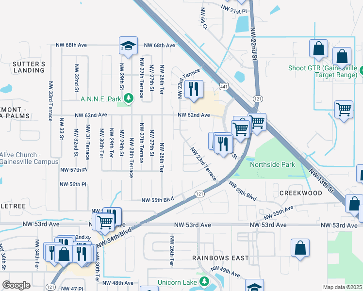 map of restaurants, bars, coffee shops, grocery stores, and more near 5926 Northwest 25th Terrace in Gainesville