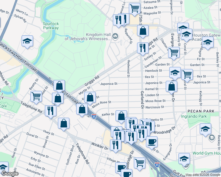 map of restaurants, bars, coffee shops, grocery stores, and more near 6660 Kernel Street in Houston
