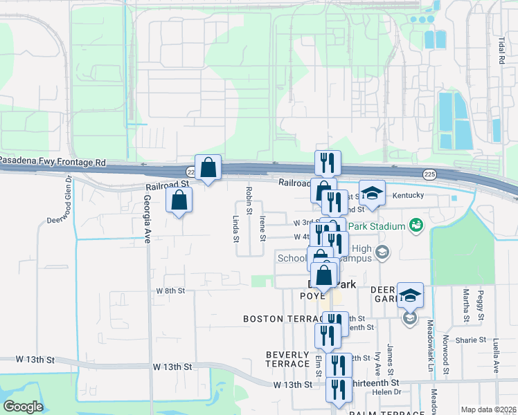 map of restaurants, bars, coffee shops, grocery stores, and more near 214 Irene Street in Deer Park