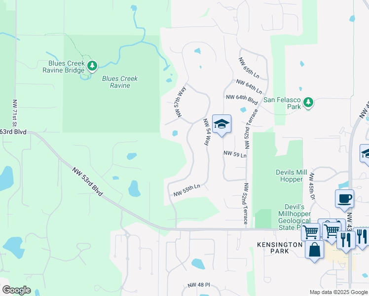 map of restaurants, bars, coffee shops, grocery stores, and more near 5922 Northwest 57th Way in Gainesville