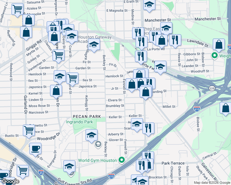 map of restaurants, bars, coffee shops, grocery stores, and more near 7826 Harding Street in Houston