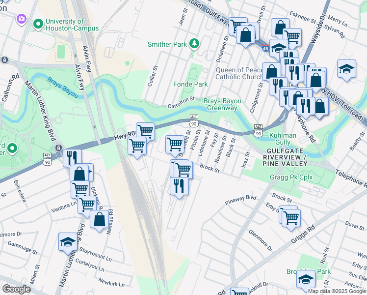 map of restaurants, bars, coffee shops, grocery stores, and more near 2936 Pitzlin Street in Houston