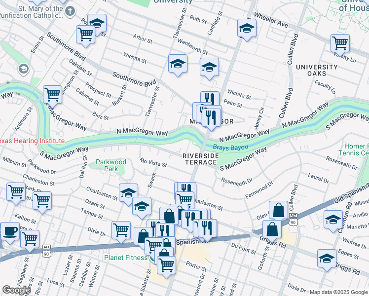 map of restaurants, bars, coffee shops, grocery stores, and more near 3727 South Macgregor Way in Houston