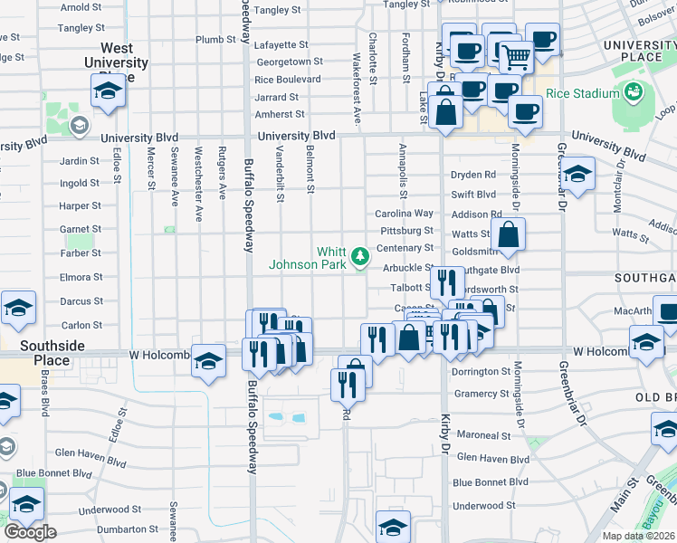 map of restaurants, bars, coffee shops, grocery stores, and more near 2921 Carnegie Street in West University Place
