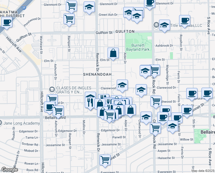 map of restaurants, bars, coffee shops, grocery stores, and more near 6601-B Atwell Drive in Houston