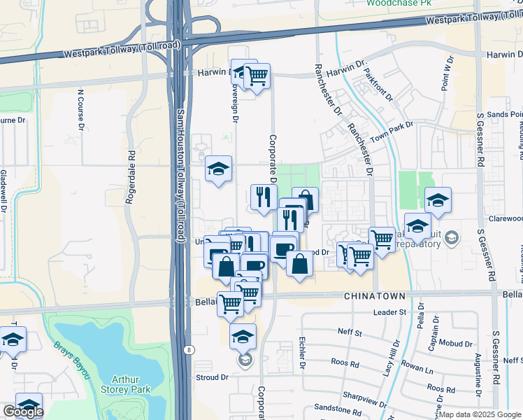 map of restaurants, bars, coffee shops, grocery stores, and more near 6300 Corporate Drive in Houston