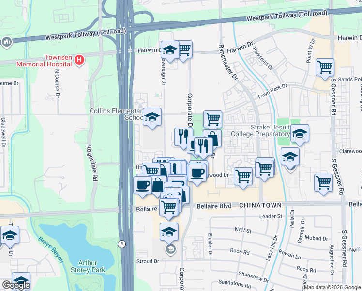 map of restaurants, bars, coffee shops, grocery stores, and more near 6300 Corporate Drive in Houston