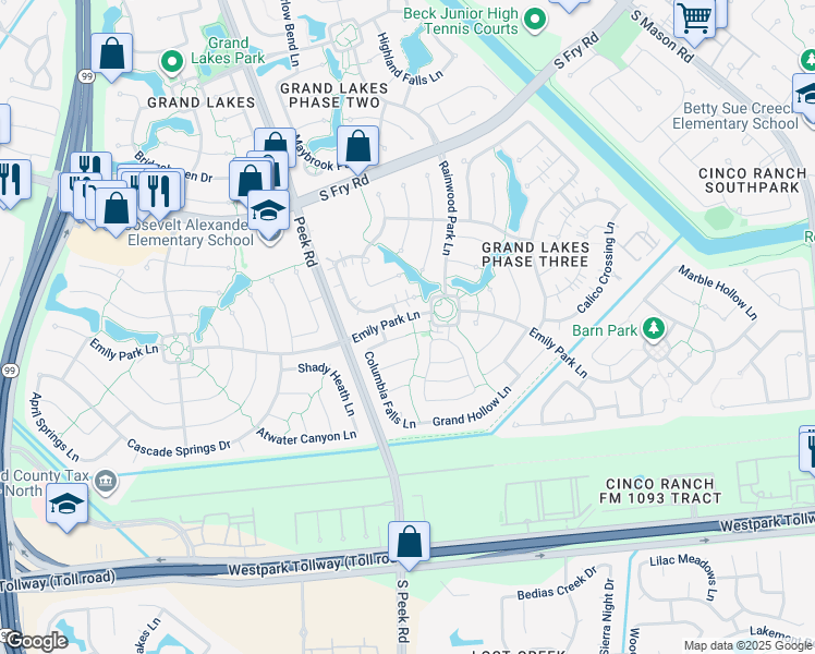 map of restaurants, bars, coffee shops, grocery stores, and more near 21807 Canton Pass Lane in Katy