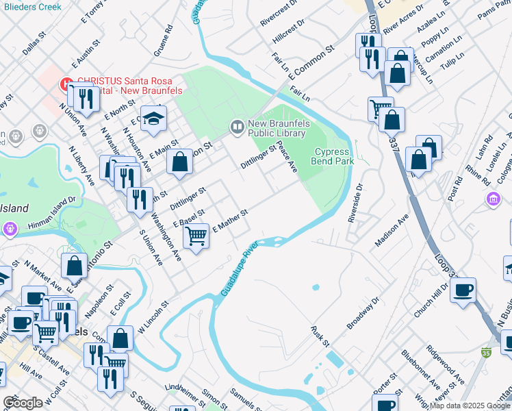 map of restaurants, bars, coffee shops, grocery stores, and more near 611 East Mather Street in New Braunfels