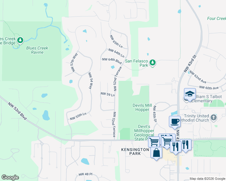 map of restaurants, bars, coffee shops, grocery stores, and more near 5126 Northwest 59 Lane in Gainesville