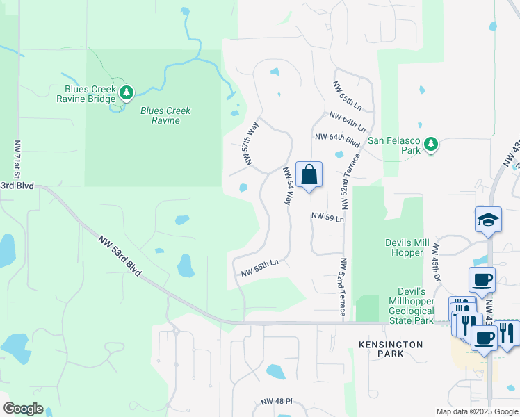 map of restaurants, bars, coffee shops, grocery stores, and more near 5922 Northwest 57th Way in Gainesville