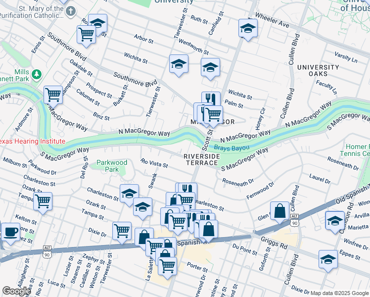 map of restaurants, bars, coffee shops, grocery stores, and more near 3727 South Macgregor Way in Houston