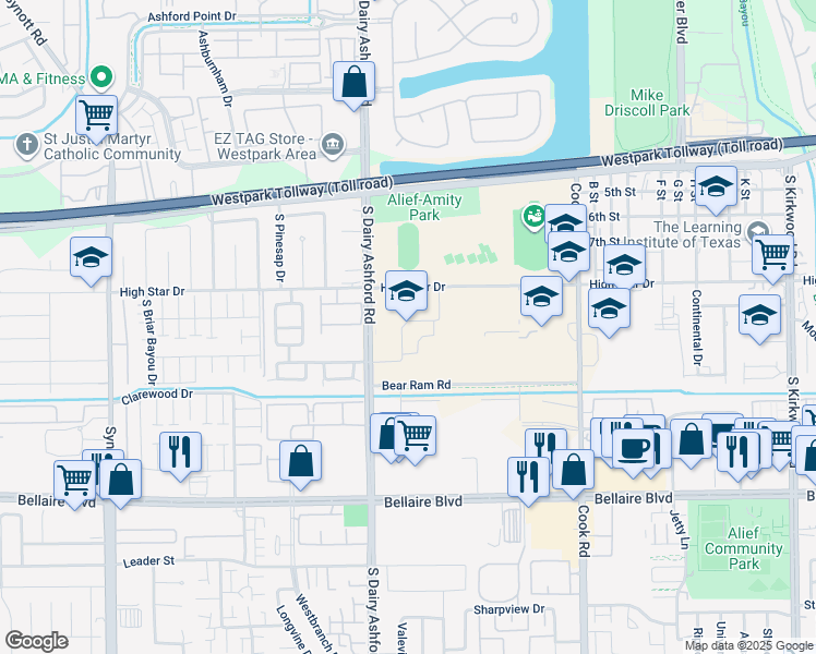 map of restaurants, bars, coffee shops, grocery stores, and more near 12601 High Star Drive in Houston