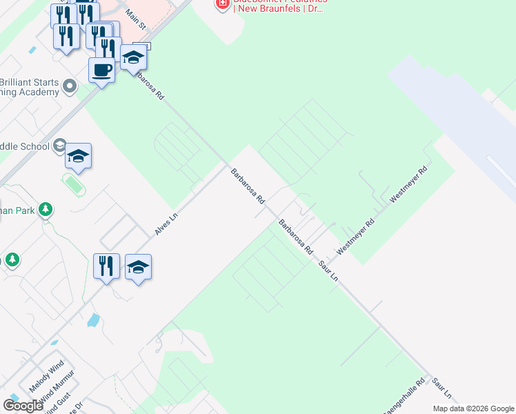 map of restaurants, bars, coffee shops, grocery stores, and more near 1094 Barbarosa Road in New Braunfels