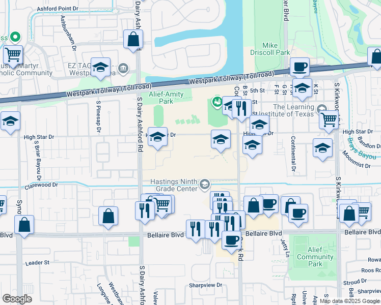 map of restaurants, bars, coffee shops, grocery stores, and more near 12501 High Star Drive in Houston