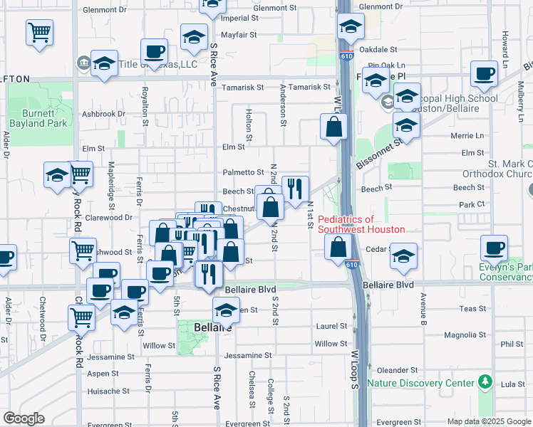 map of restaurants, bars, coffee shops, grocery stores, and more near 4903 Bissonnet Street in Bellaire