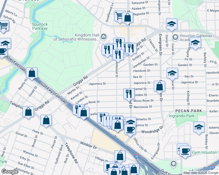 map of restaurants, bars, coffee shops, grocery stores, and more near 6802 Kernel Street in Houston