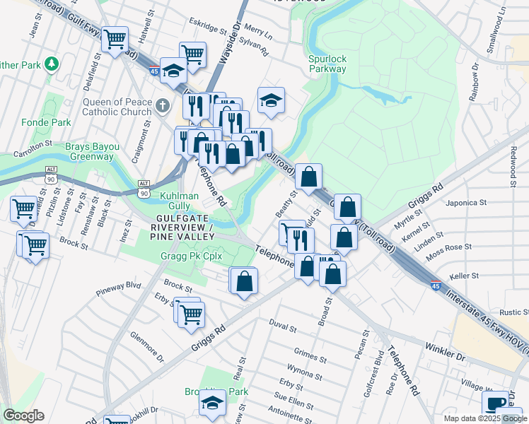 map of restaurants, bars, coffee shops, grocery stores, and more near 2704 Beatty Street in Houston