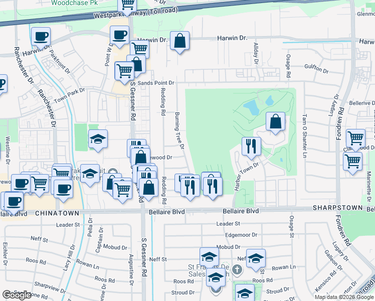 map of restaurants, bars, coffee shops, grocery stores, and more near 6607 Burning Tree Drive in Houston