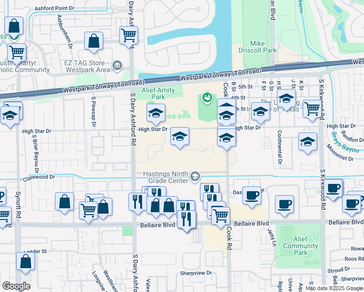 map of restaurants, bars, coffee shops, grocery stores, and more near 12302 High Star Dr in Houston