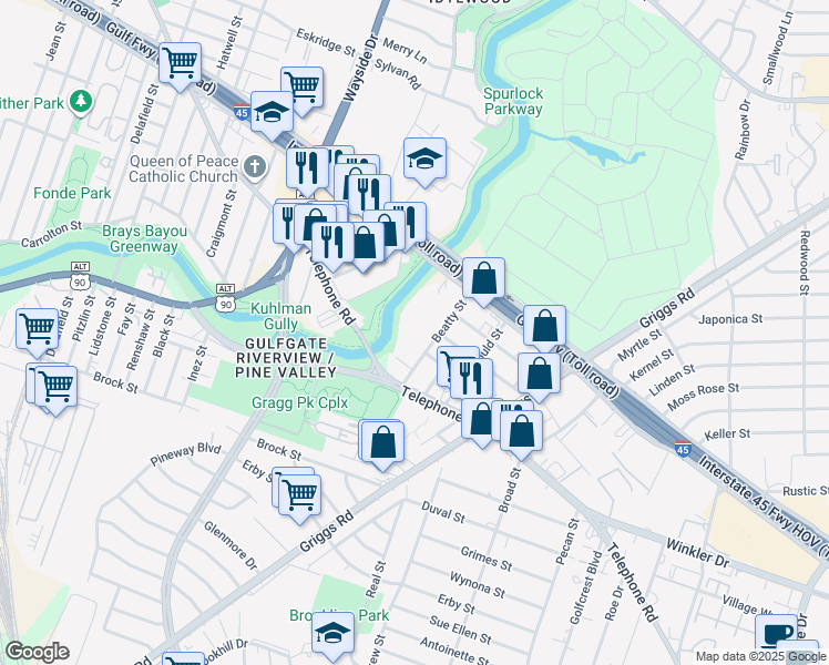 map of restaurants, bars, coffee shops, grocery stores, and more near 2704 Beatty Street in Houston