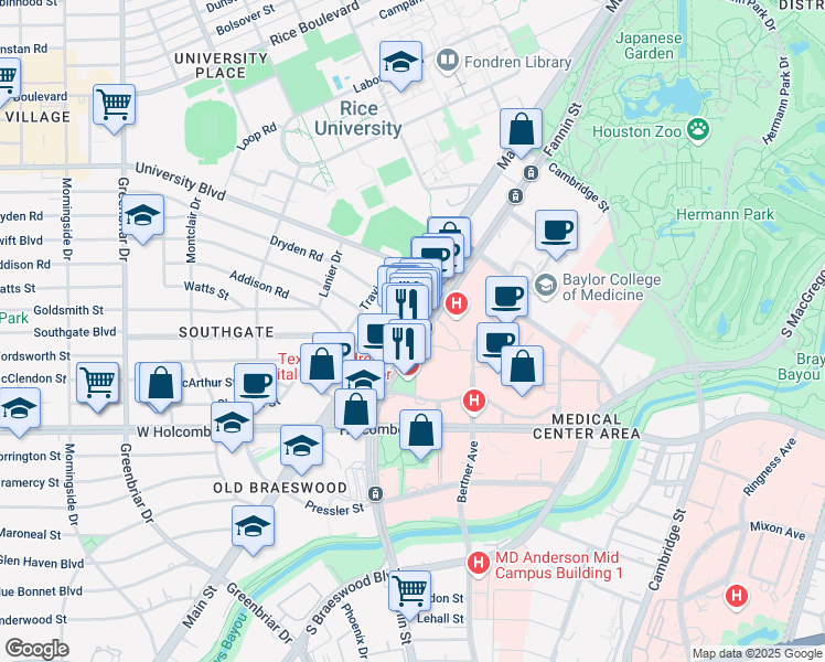 map of restaurants, bars, coffee shops, grocery stores, and more near 6620 Fannin Street in Houston