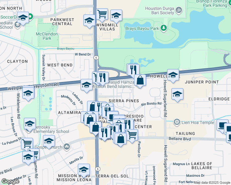 map of restaurants, bars, coffee shops, grocery stores, and more near 6301 Sierra Blanca Drive in Houston