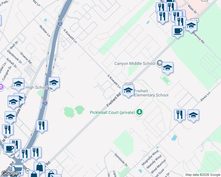 map of restaurants, bars, coffee shops, grocery stores, and more near in New Braunfels