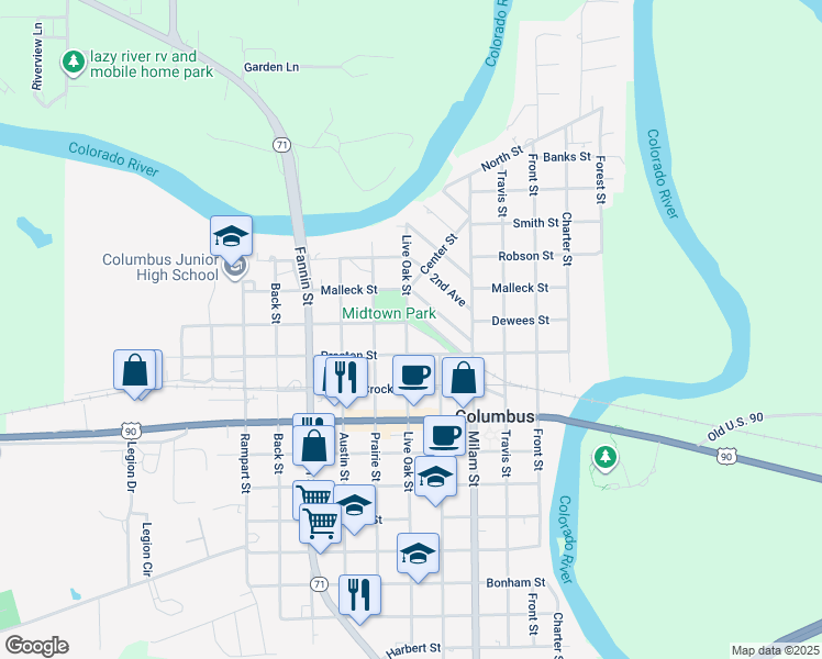 map of restaurants, bars, coffee shops, grocery stores, and more near 821 Live Oak Street in Columbus