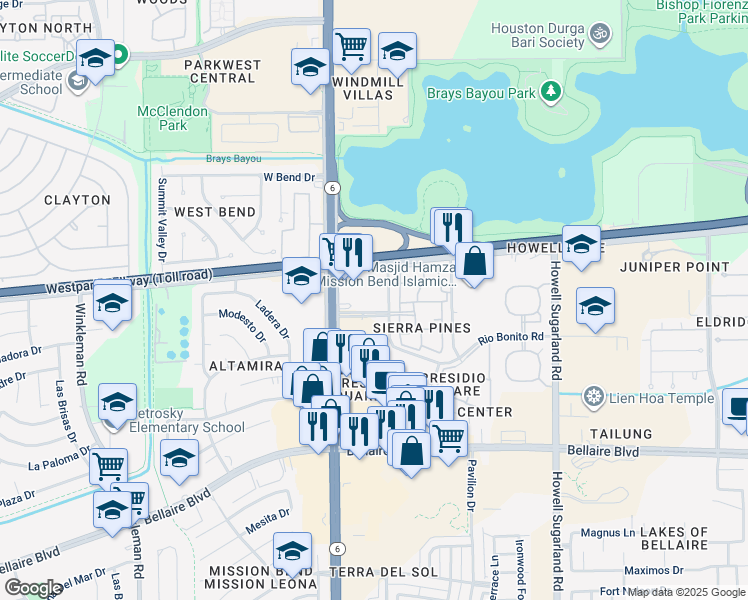 map of restaurants, bars, coffee shops, grocery stores, and more near 6399 Highway 6 in Houston