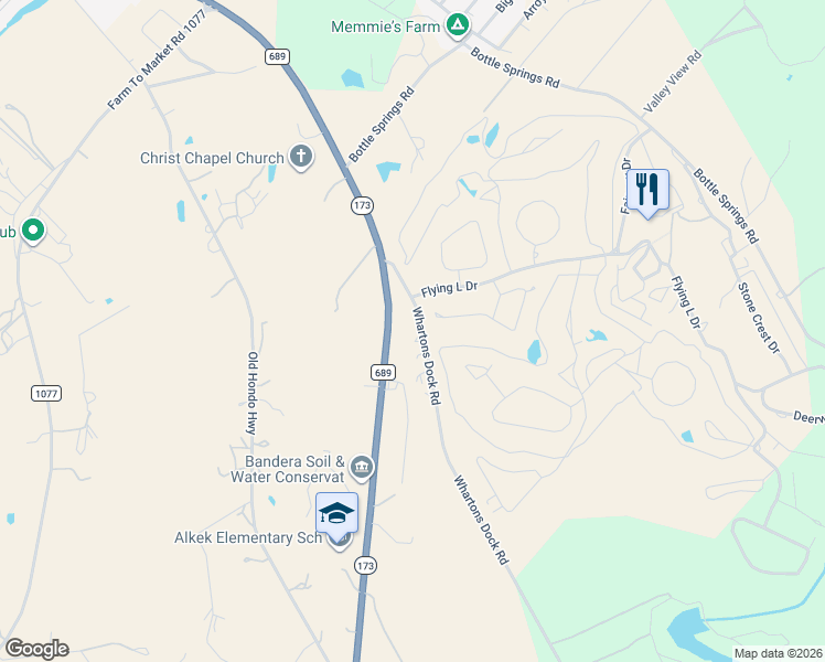 map of restaurants, bars, coffee shops, grocery stores, and more near 316 Whartons Dock Road in Bandera