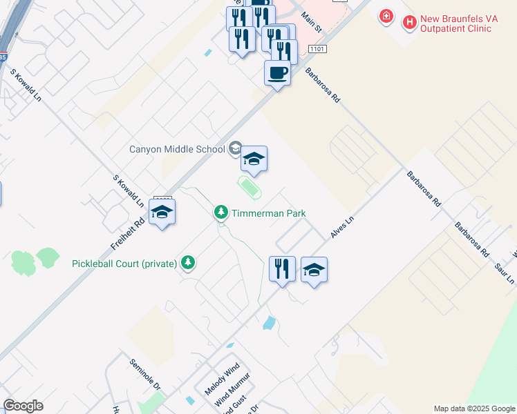 map of restaurants, bars, coffee shops, grocery stores, and more near 379 Creekside Curve in New Braunfels