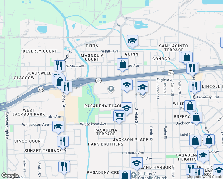 map of restaurants, bars, coffee shops, grocery stores, and more near 110 West Broadway Avenue in Pasadena