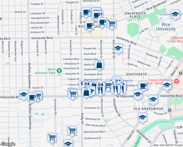 map of restaurants, bars, coffee shops, grocery stores, and more near 2434 Wordsworth Street in Houston