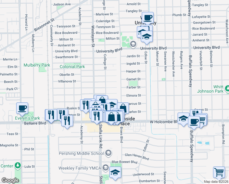 map of restaurants, bars, coffee shops, grocery stores, and more near 6554 Auden Street in Houston