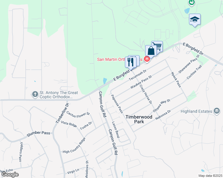 map of restaurants, bars, coffee shops, grocery stores, and more near 28067 Papoose Pass in San Antonio