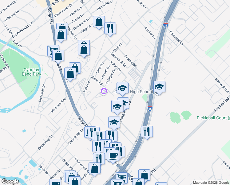 map of restaurants, bars, coffee shops, grocery stores, and more near 201 Rhine Road in New Braunfels