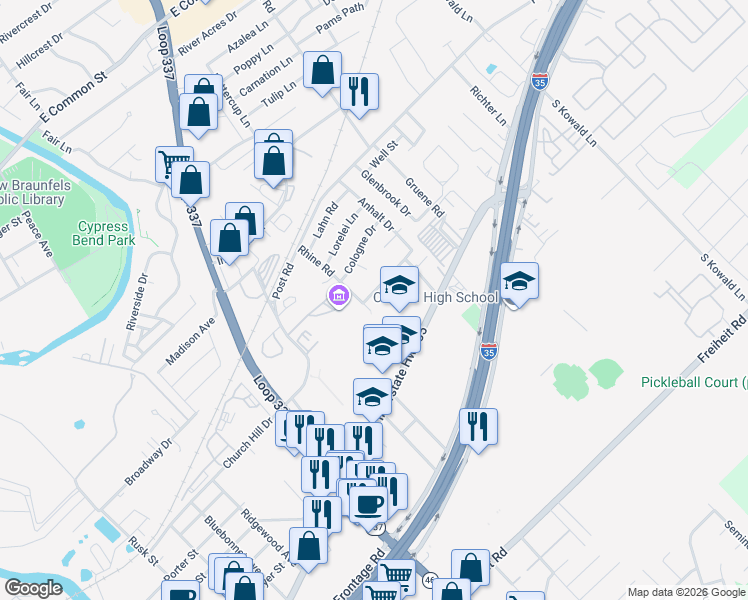 map of restaurants, bars, coffee shops, grocery stores, and more near 201 Rhine Road in New Braunfels