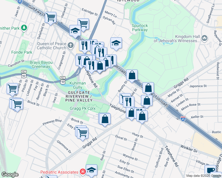 map of restaurants, bars, coffee shops, grocery stores, and more near 2606 Beatty Street in Houston