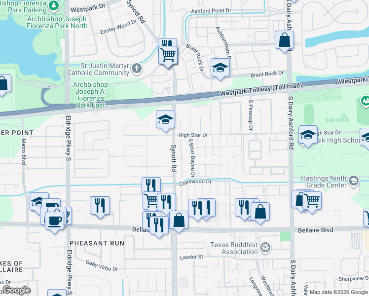 map of restaurants, bars, coffee shops, grocery stores, and more near 6418 Garden Trail Court in Houston