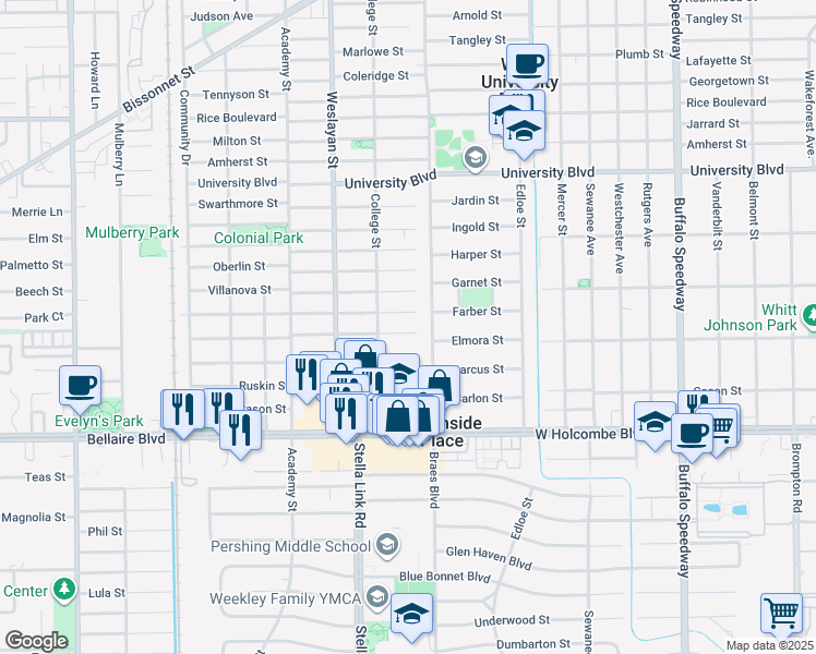 map of restaurants, bars, coffee shops, grocery stores, and more near 6554 Auden Street in Houston