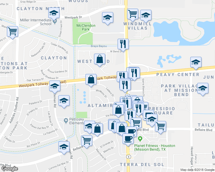 map of restaurants, bars, coffee shops, grocery stores, and more near 6319 Ladera Drive in Houston
