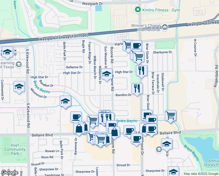 map of restaurants, bars, coffee shops, grocery stores, and more near 4350 Boone Road in Houston
