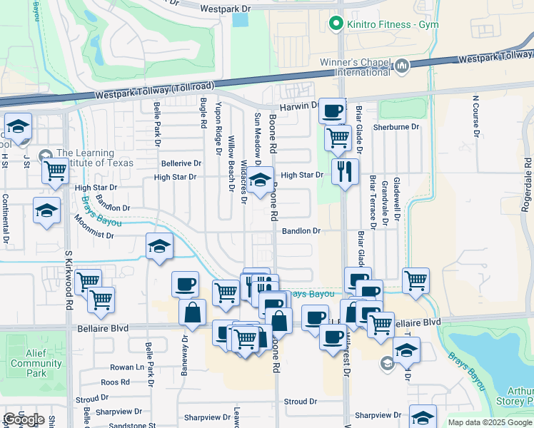 map of restaurants, bars, coffee shops, grocery stores, and more near 4350 Boone Road in Houston