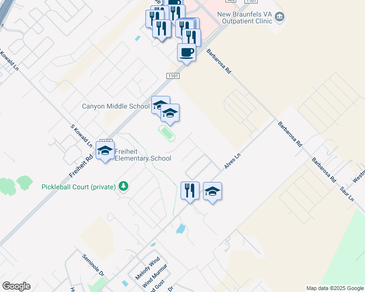map of restaurants, bars, coffee shops, grocery stores, and more near 350 Creekside Curve in New Braunfels