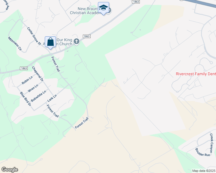 map of restaurants, bars, coffee shops, grocery stores, and more near 300 Timber Wild in New Braunfels