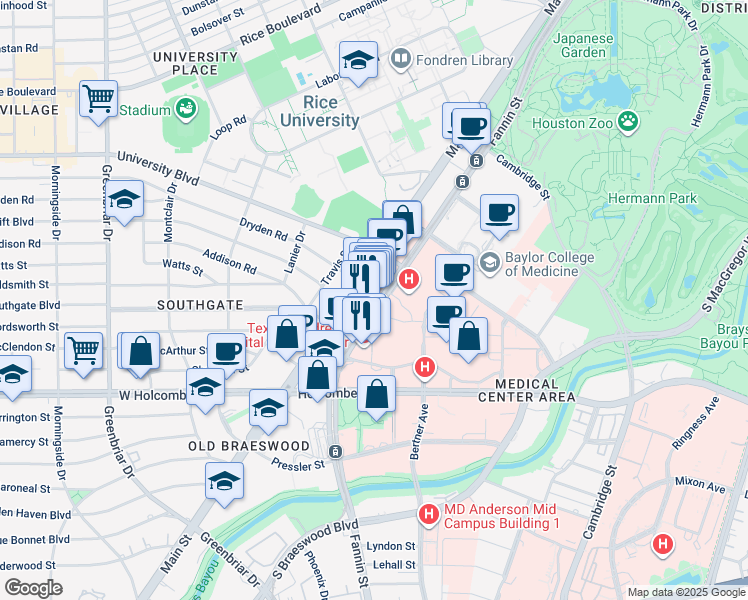 map of restaurants, bars, coffee shops, grocery stores, and more near 6602 Fannin Street in Houston