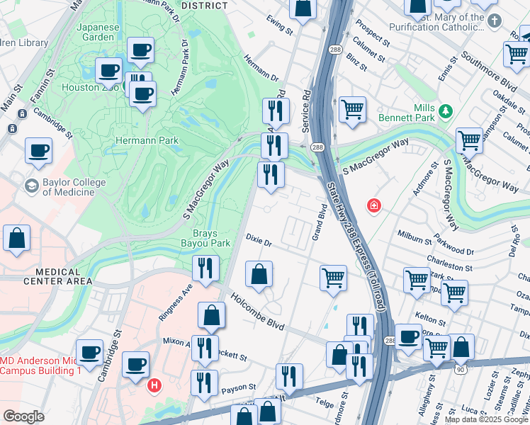 map of restaurants, bars, coffee shops, grocery stores, and more near 1701 Hermann Park Court in Houston