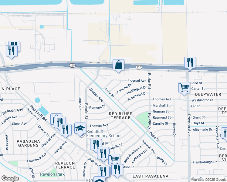 map of restaurants, bars, coffee shops, grocery stores, and more near 220 Delta Street in Pasadena